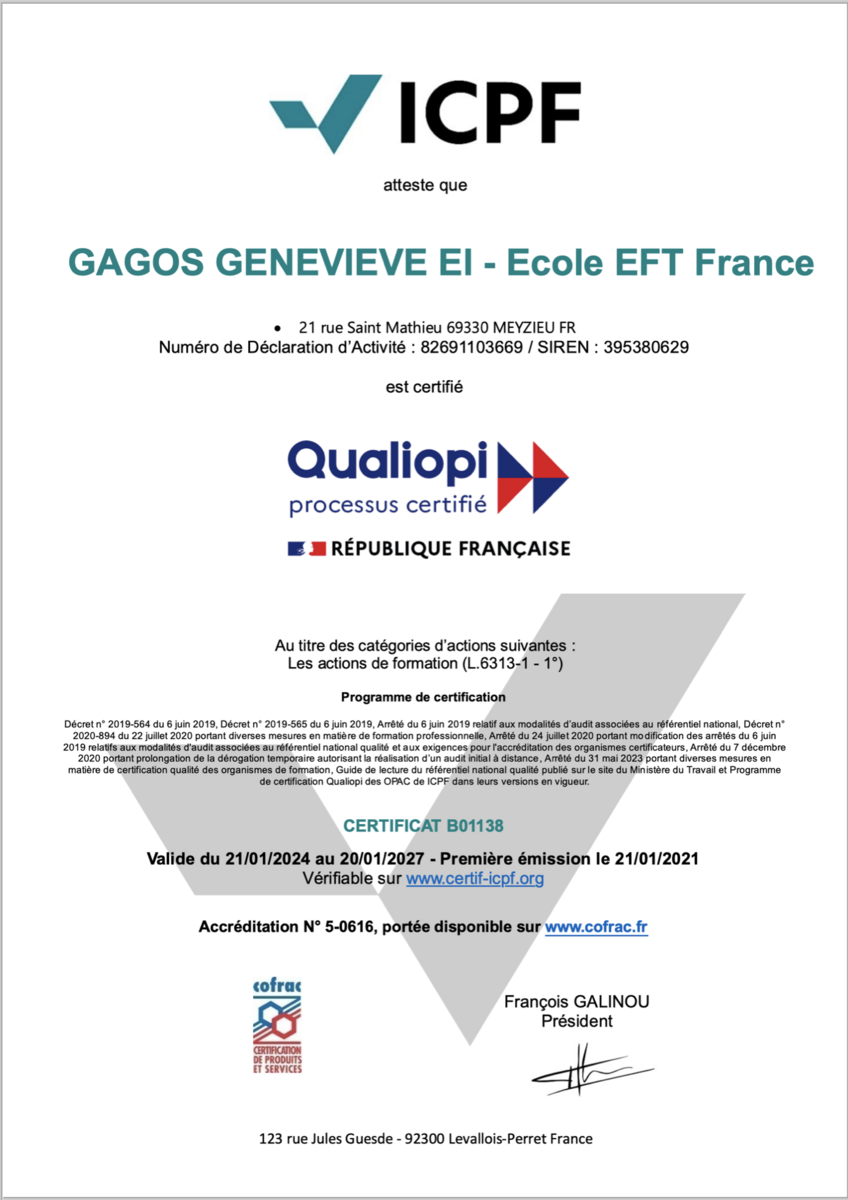 Certification Qualiopi Organisme Formation GAGOS GENEVIEVE / Ecole EFT France - renouvellement valable jusqu'au 21 janvier 2027